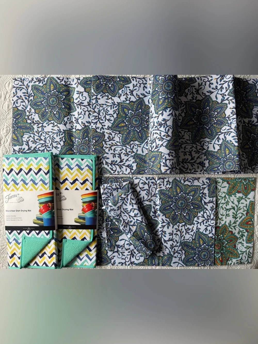 6 pc set Fiesta Chevron & Paisley Kitchen Linen Set in Teal, Yellow, Navy, White